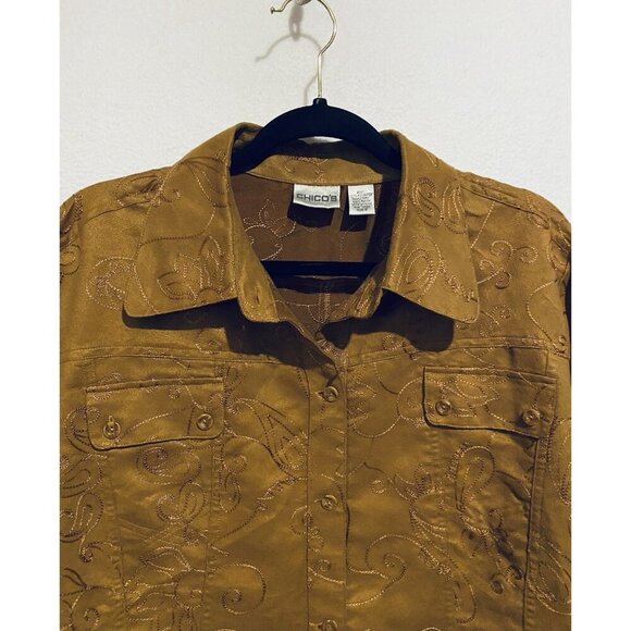 Chicos Top Womens XL Brown Faux Suede Button Up Shacket Embroidered Western Boho - Picture 2 of 6